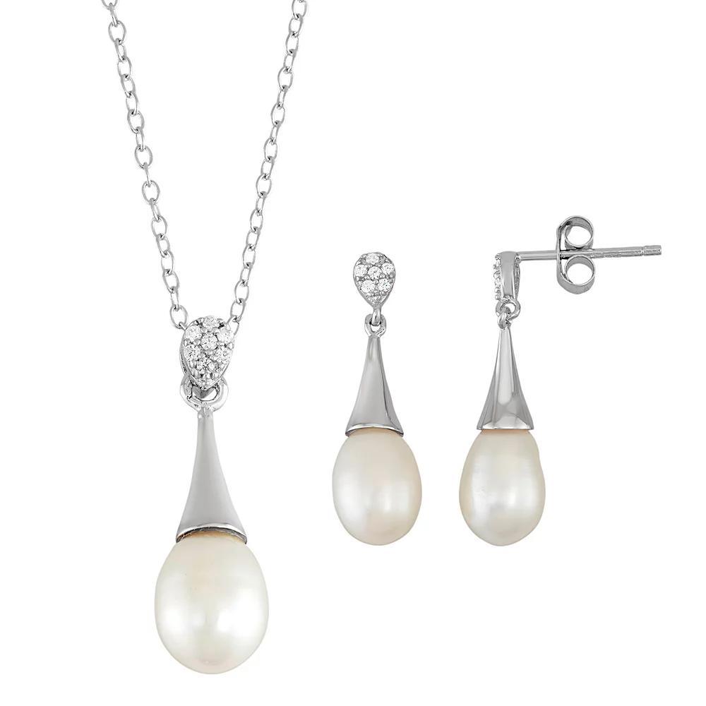 Sterling Silver Freshwater Cultured Pearl Pendant & Drop Earring Set, Women's, Size: 18", White Product Image