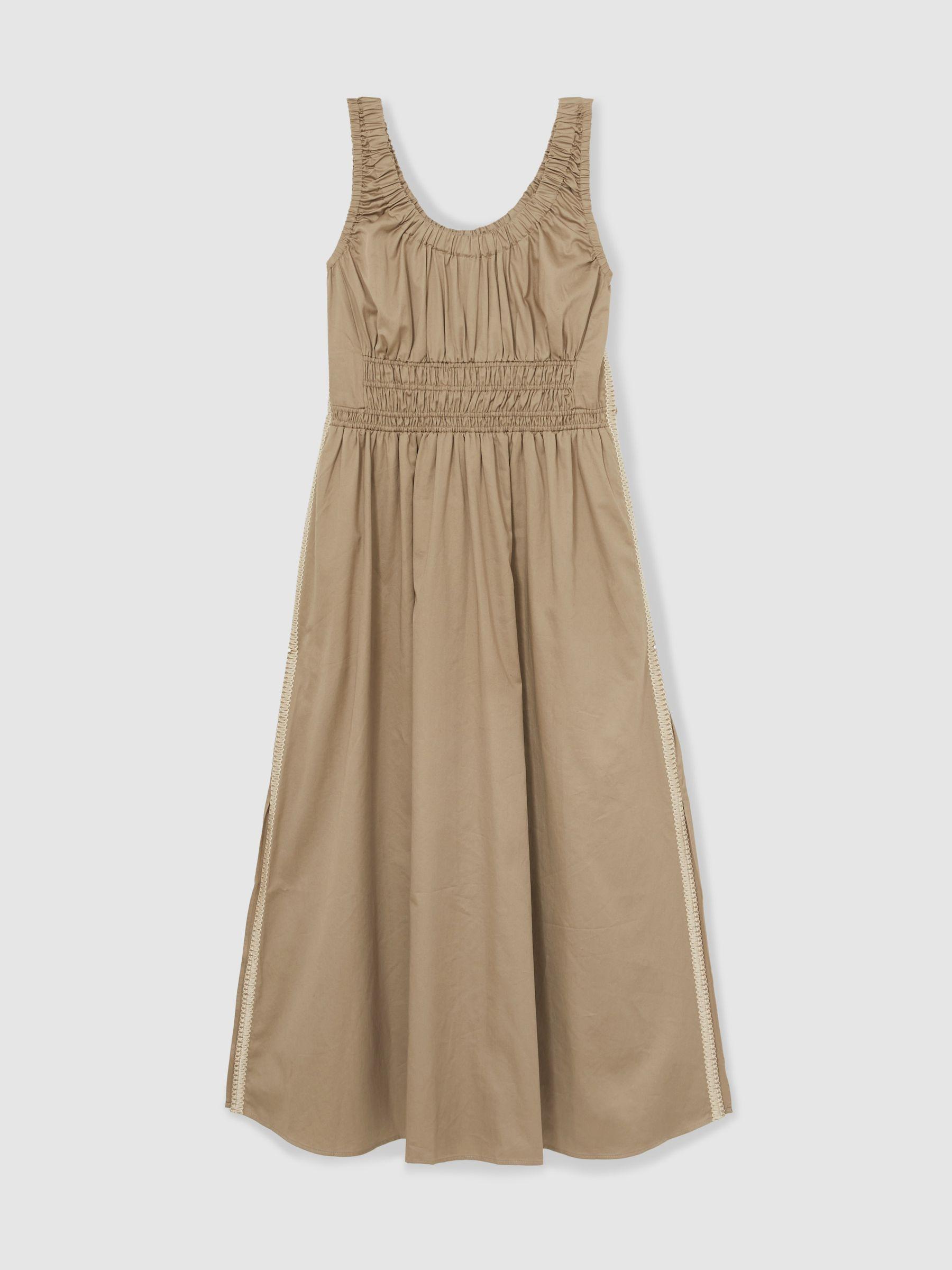Cotton Craft-Stitch Shirred Midi Dress in Khaki Product Image