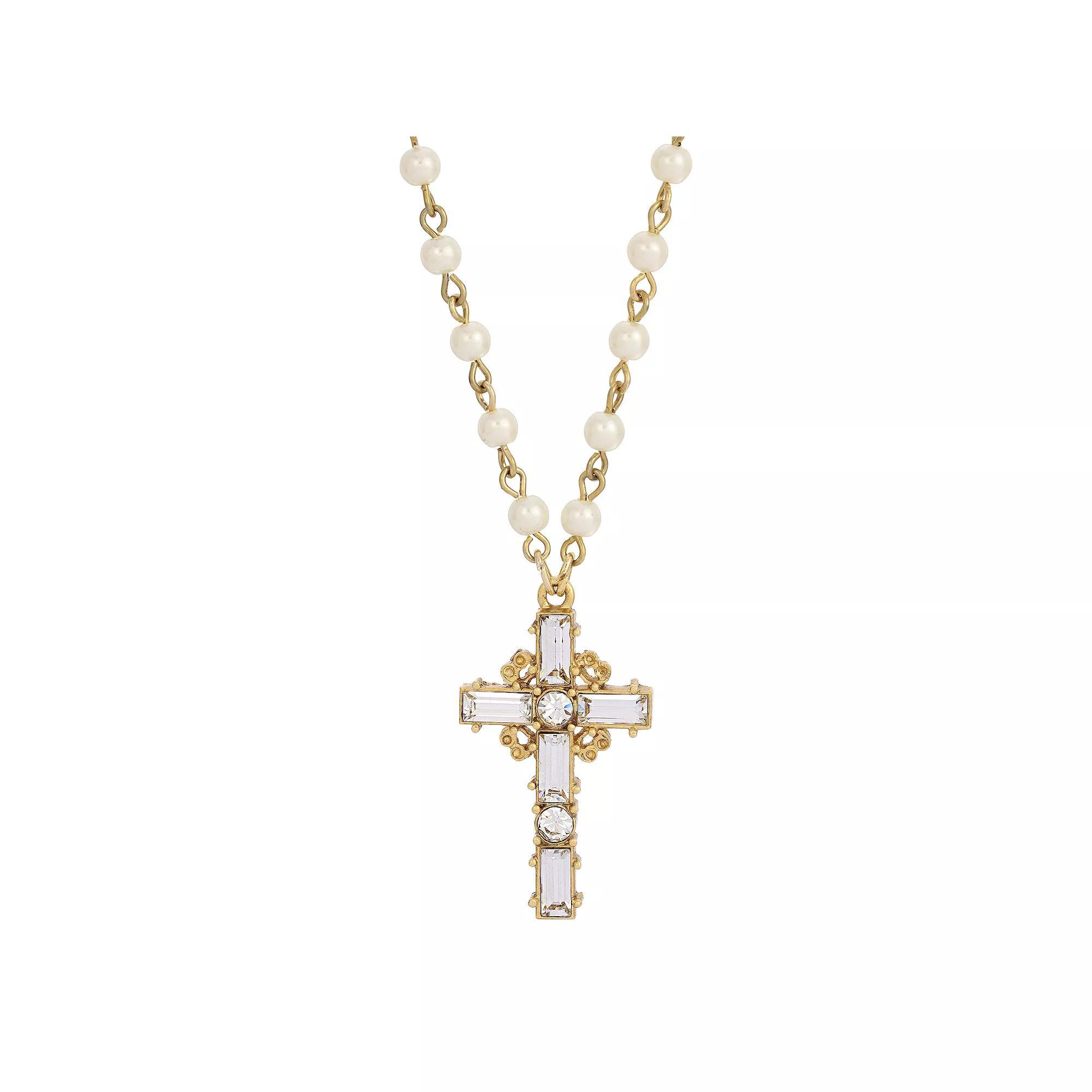 Symbols of Faith Crystal Cross Faux Pearl Necklace, Womens, Gold Tone White Product Image