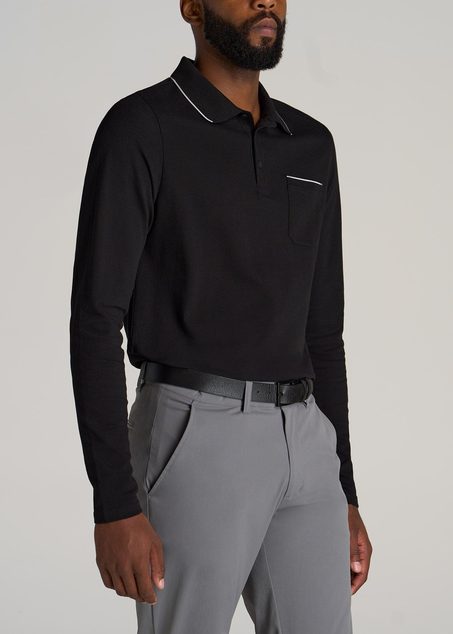 Long Sleeve Polo Shirt for Tall Men in Black & White Product Image