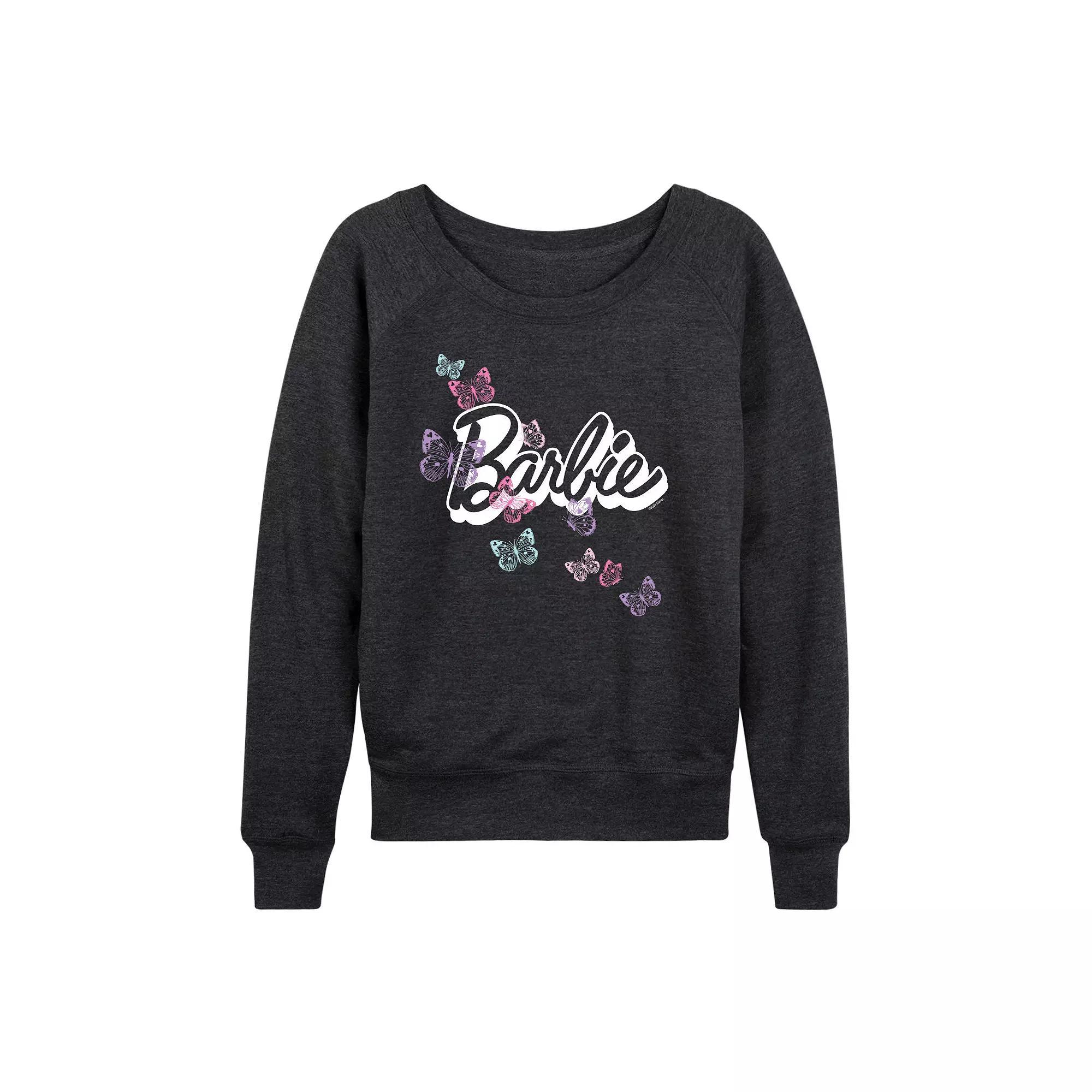 Womens Barbie Butterfly Logo French Terry Long Sleeve Tee, Girls Heather Grey Product Image