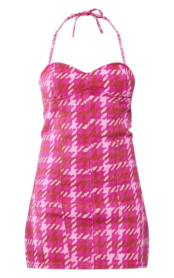Pink Check Print Halterneck Denim Dress Product Image