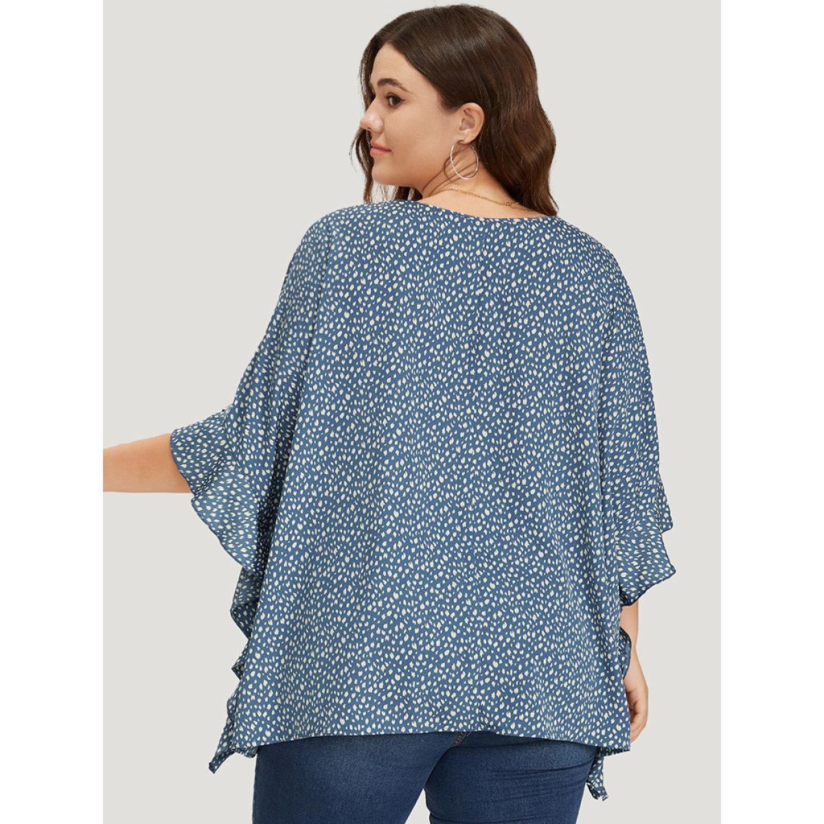 Plus Size Stone Leopard Print Ruffle Trim Asymmetrical Hem Batwing Sleeve Blouse Women Elegant Half Sleeve V-neck Dailywear Blouses BloomChic 28/5X Product Image