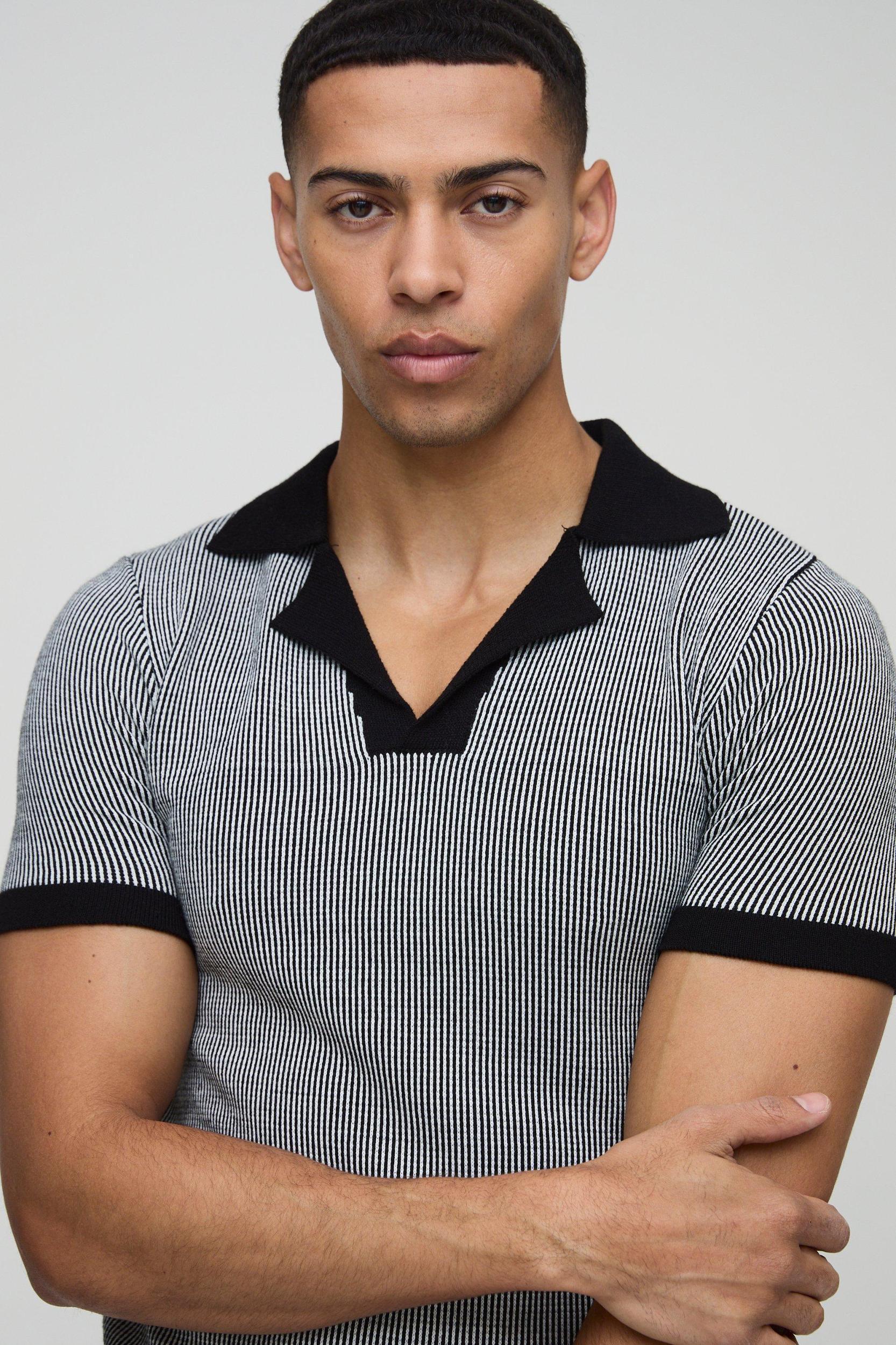 Muscle Fit Revere Collar Ribbed Plated Knitted Polo | boohooMAN USA Product Image