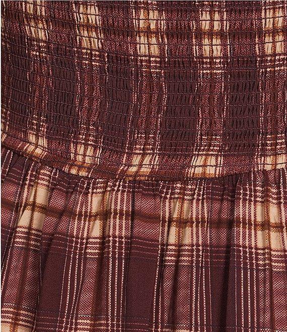 Blu Pepper Plaid Printed Square Neck Short Sleeve Smocked Waist Midi Dress Product Image