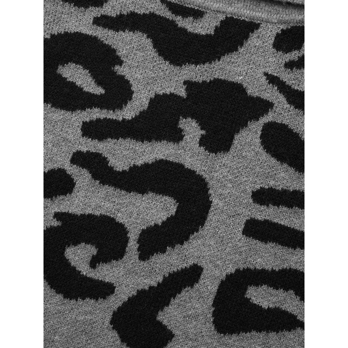 Plus Size Leopard Print Turtleneck Drop Shoulder Sleeve Pullover DarkGray Women Casual Long Sleeve Turtleneck Everyday Pullovers BloomChic 14-16/1X Product Image