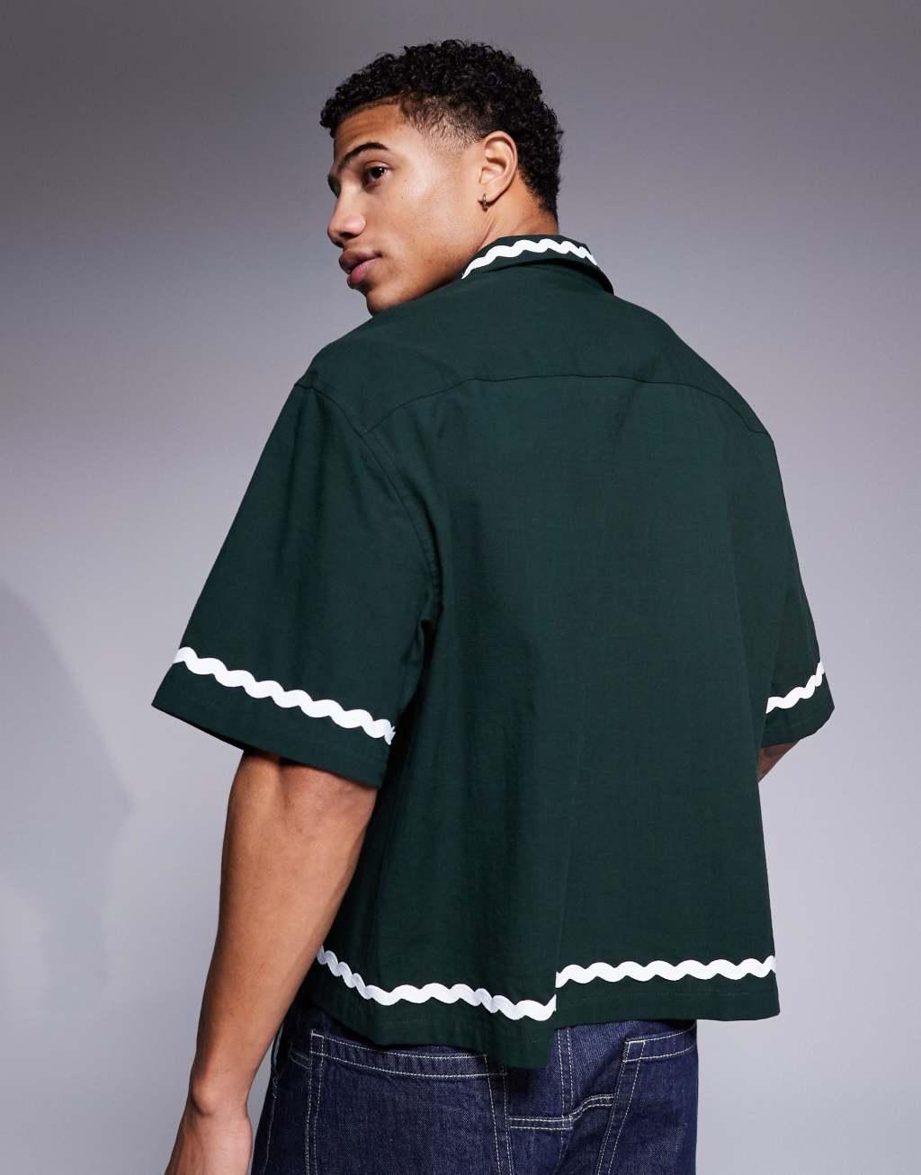 ASOS DESIGN oversized boxy shirt with tape detail in dark green Product Image