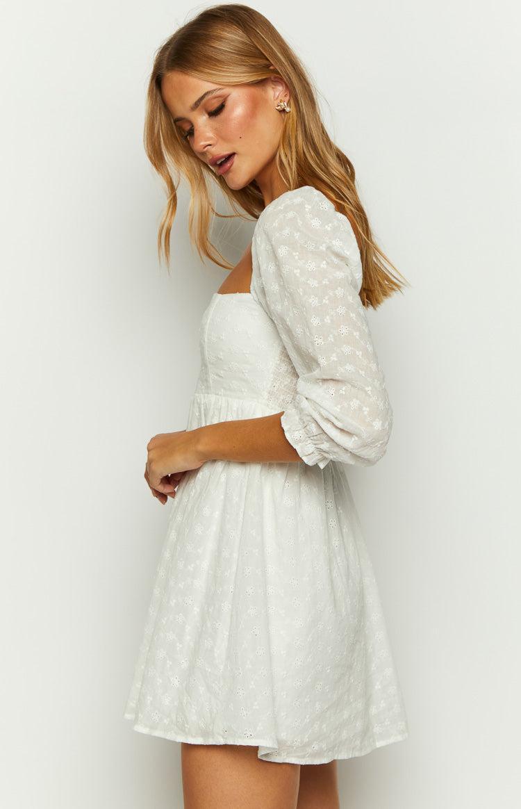 Rubi White Long Sleeve Broderie Mini Dress Product Image