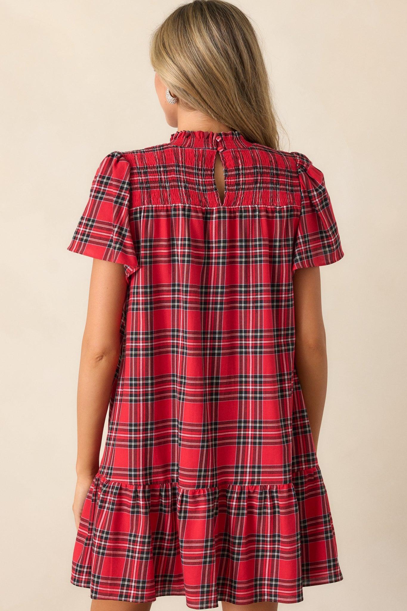 Candlelight Chats Cotton Red Plaid Mock Neck Mini Dress Product Image