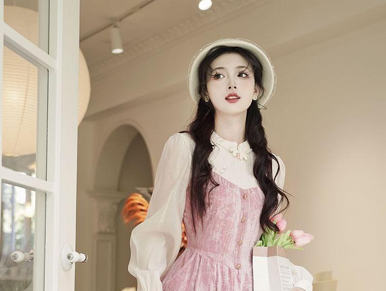 Mock Two-Piece Long-Sleeve Mandarin Collar Floral Velvet Midi A-Line Dress Product Image