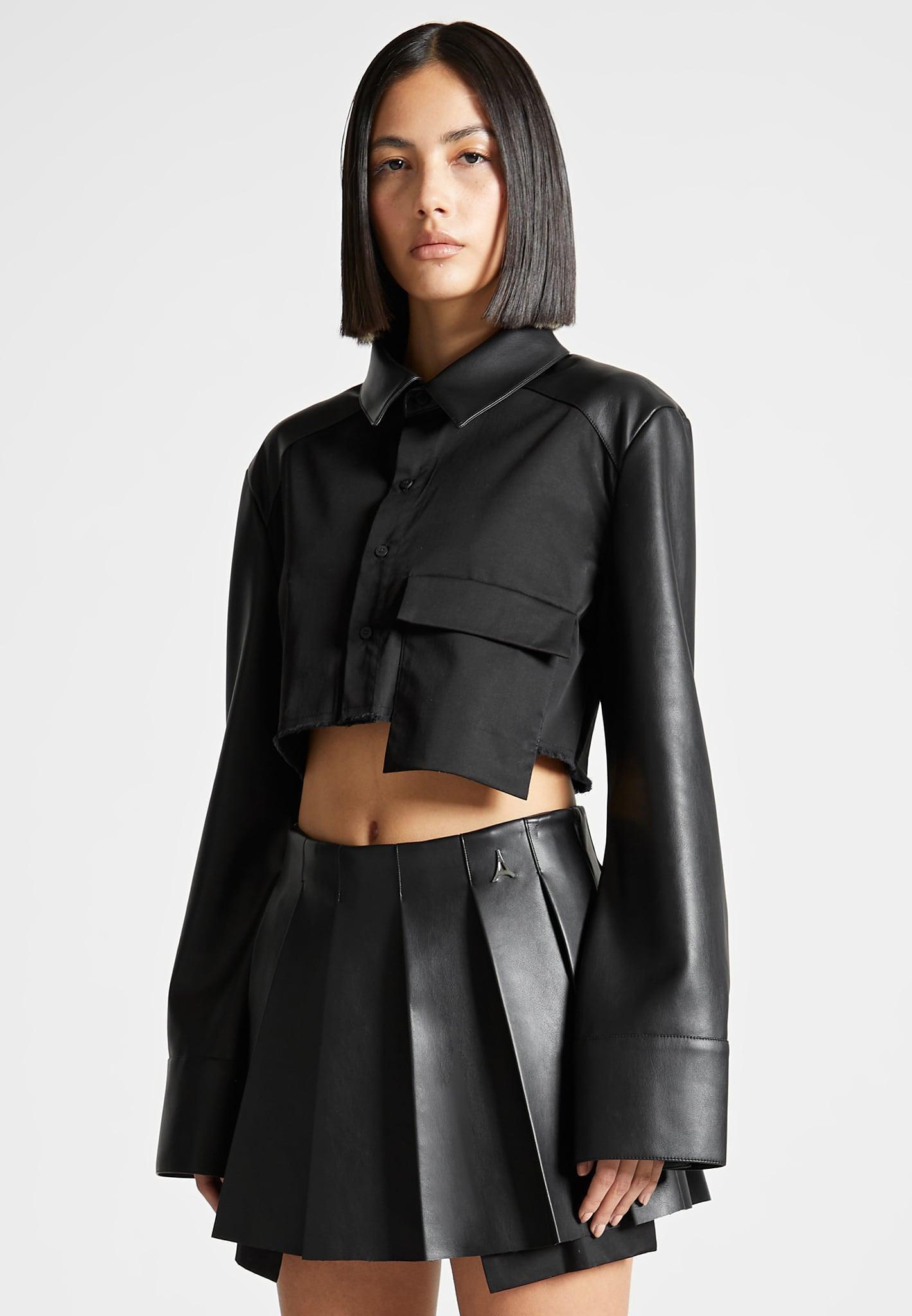Leather Contrast Cropped Shirt - Black Female Product Image