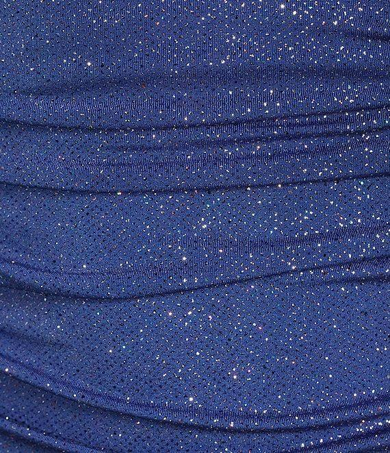 City Vibe Spaghetti Strap Notch Glitter Ruched Lace-Up Back Dress Product Image