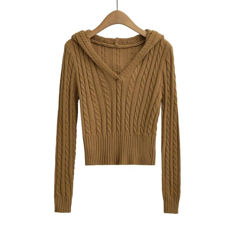Hooded V-Neck Plain Cable Knit Cropped Sweater Product Image