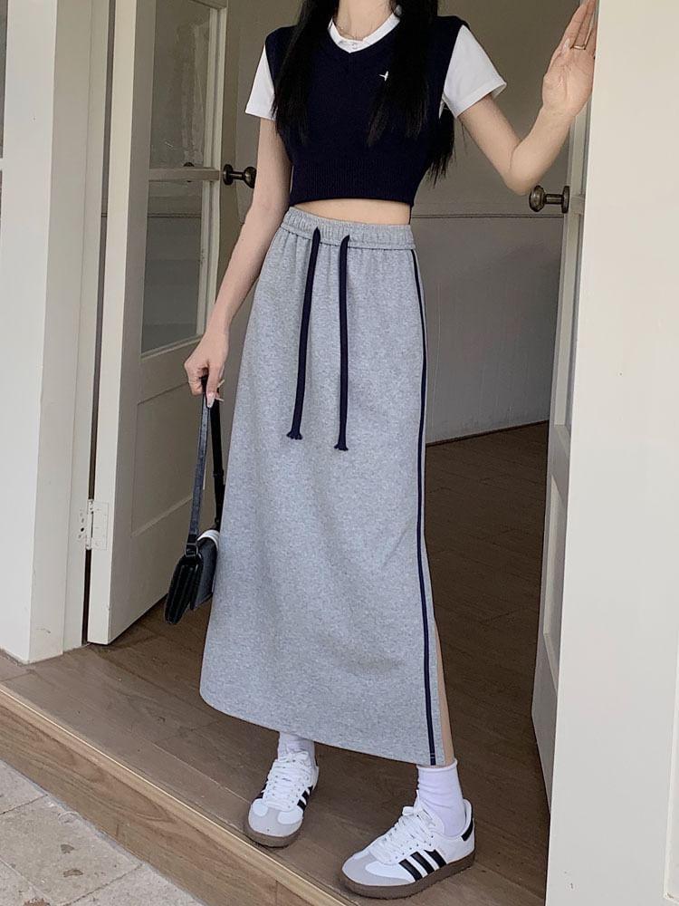 High Waist Striped Midi A-Line Skirt Product Image