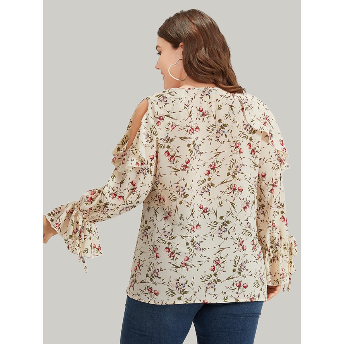 Plus Size Ivory Ditsy Floral Cold Shoulder Ties Ruffle Trim Blouse Women Elegant Long Sleeve V-neck Dailywear Blouses BloomChic 18-20/2X Product Image