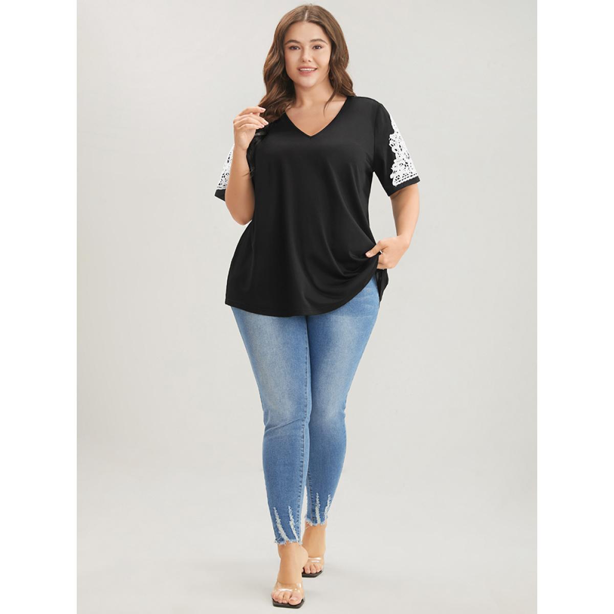 Plus Size Plain Contrast Lace V Neck T-shirt Black Women Elegant Lace Plain V-neck Dailywear T-shirts BloomChic 14-16/1X Product Image