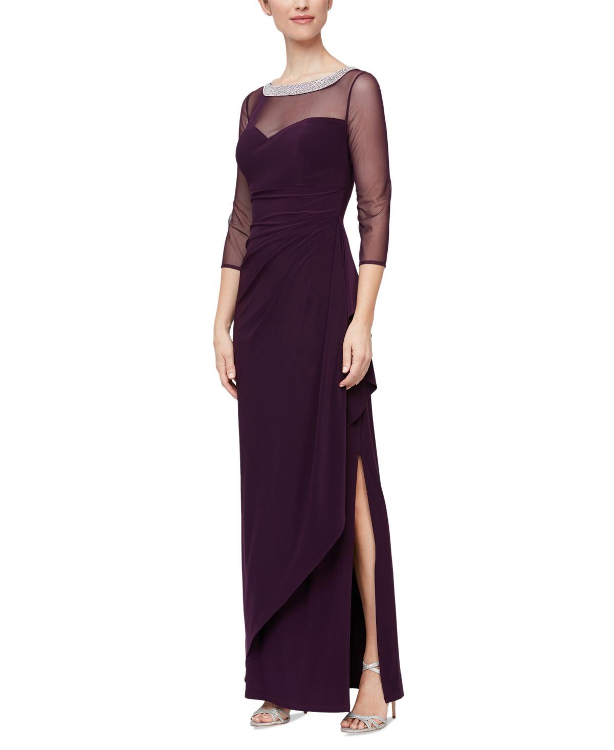 Alex Evenings Illusion Mesh 34 Sleeve Round Neck Side Slit Ruched Gown Product Image
