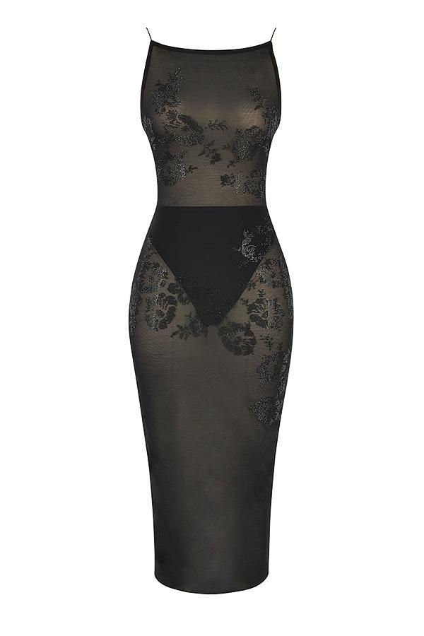 Amirah Black Mesh Crystal Embellished Midi Dress Product Image