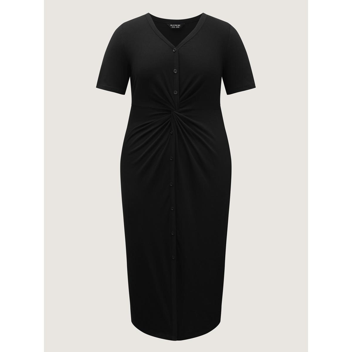 Plus Size Twist Front Button Slit Midi Dress Black Women V-neck Short sleeve Curvy BloomChic 14-16/1X Product Image