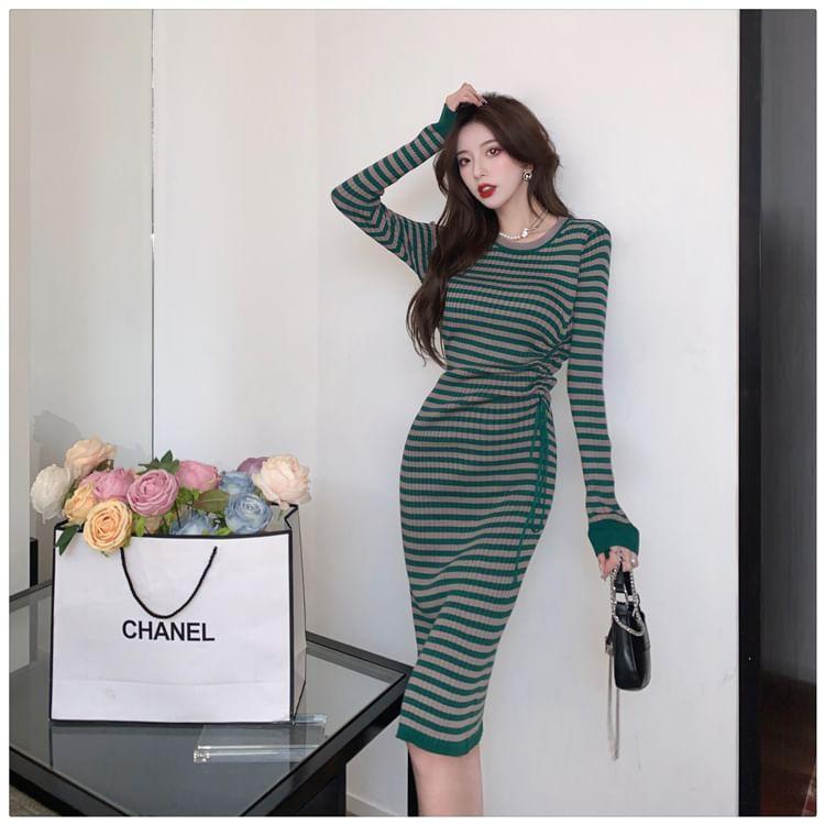 Long-Sleeve Round Neck Striped Ribbed Midi Sheath Dress Product Image