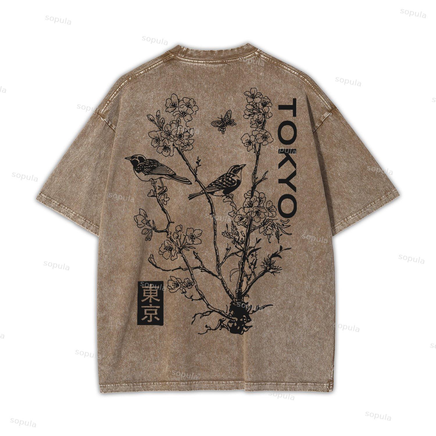 Japan Style Insect Bird Floral Print Acid Washed T-shirt Product Image