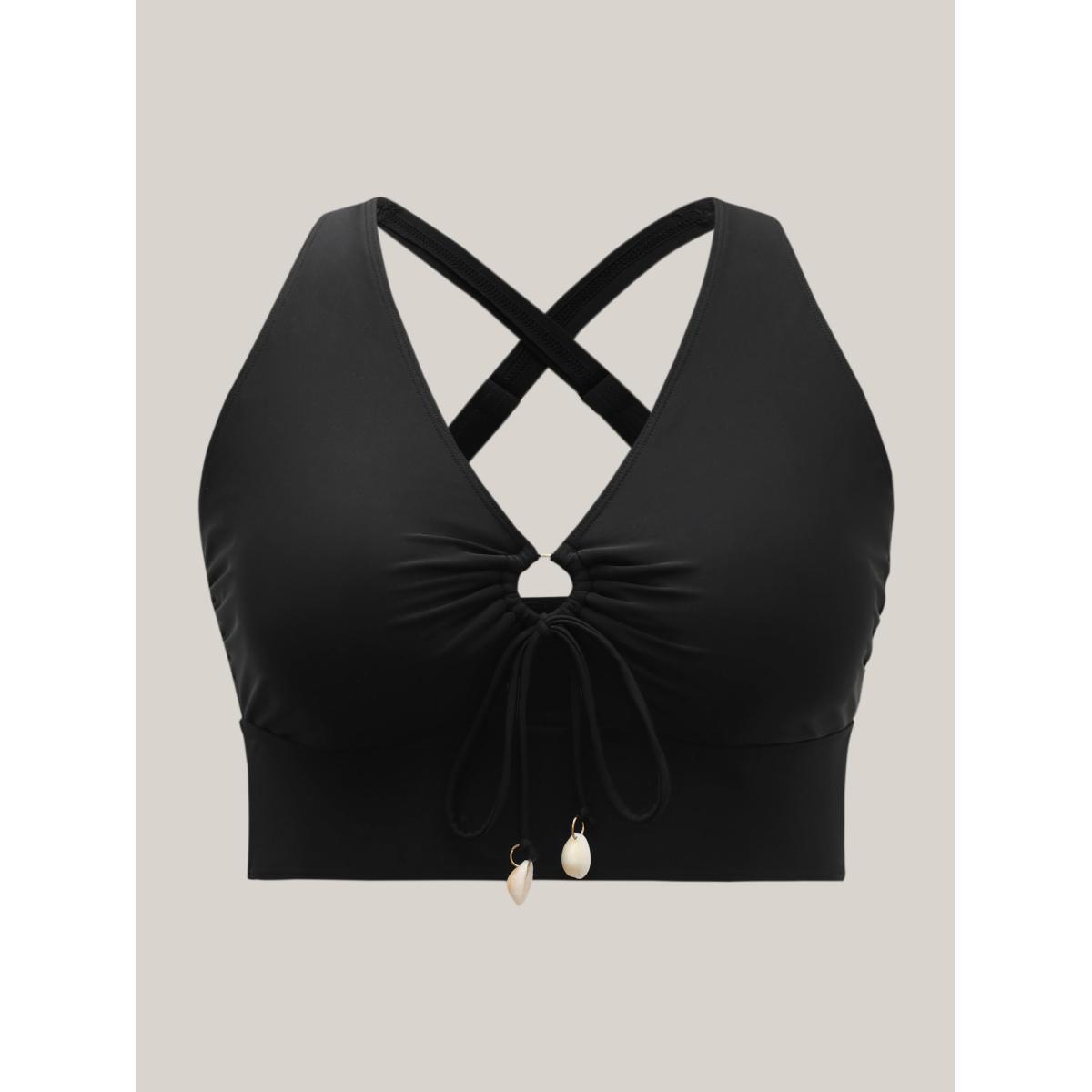 Plus Size Knotted Keyhole Crossstraps Swim Top Women's Swimwear Black Beach Tie knot High stretch Skinny V-neck Curve Swim Tops BloomChic 14-16/1X Product Image