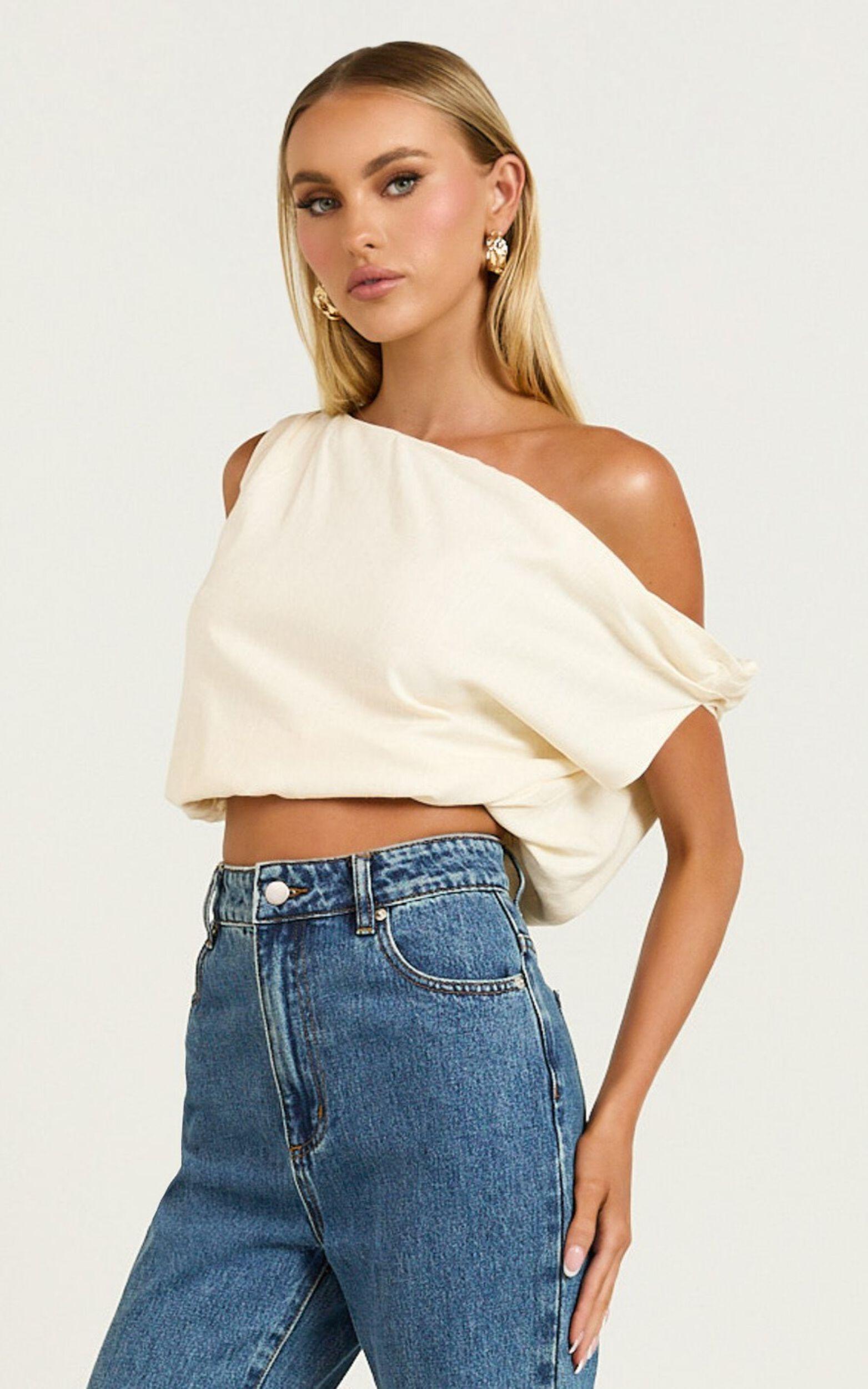 Collins Top - Draped Asymmetrical Neckline Top in Stone Product Image
