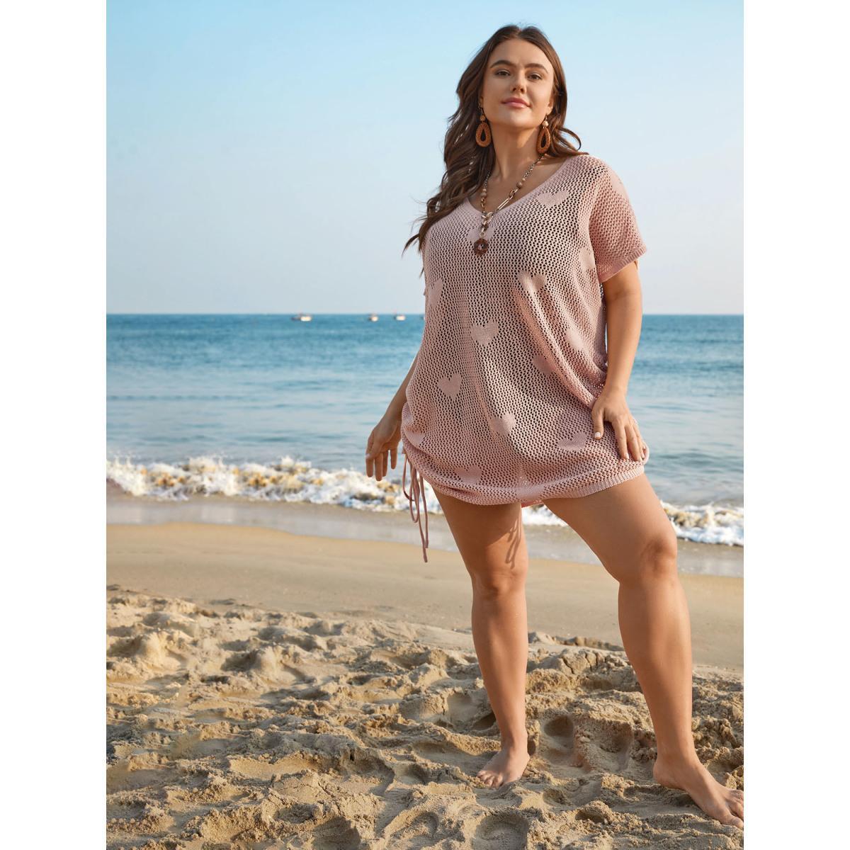 Plus Size Heart Pattern Drawstring Textured Sheer Swim Cover-Up Women's Swimwear Nudepink Beach Loose Texture Curve Swim Cover Ups BloomChic 12/L Product Image