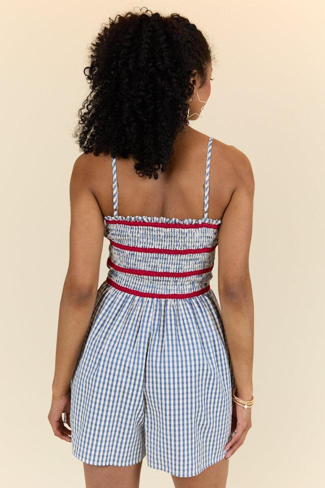 Simple Joy Smocked Seersucker Blue Plaid Romper FINAL SALE Product Image