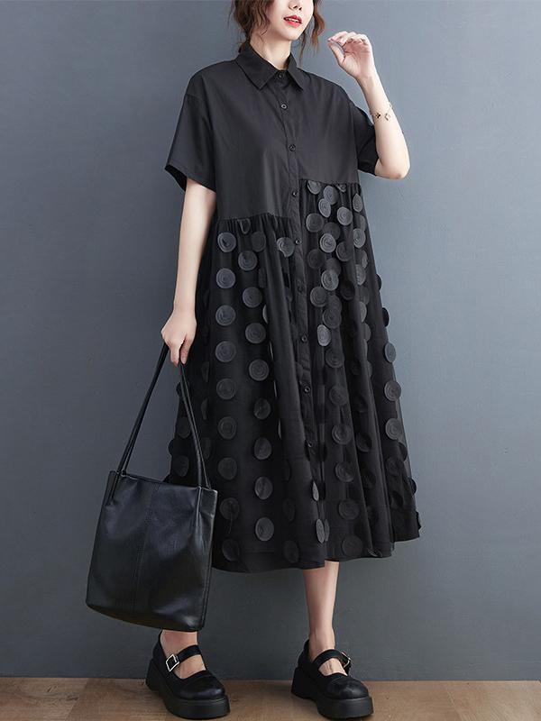 Original Casual Loose Polka-Dot Split-Joint Midi Shirt Dress Product Image