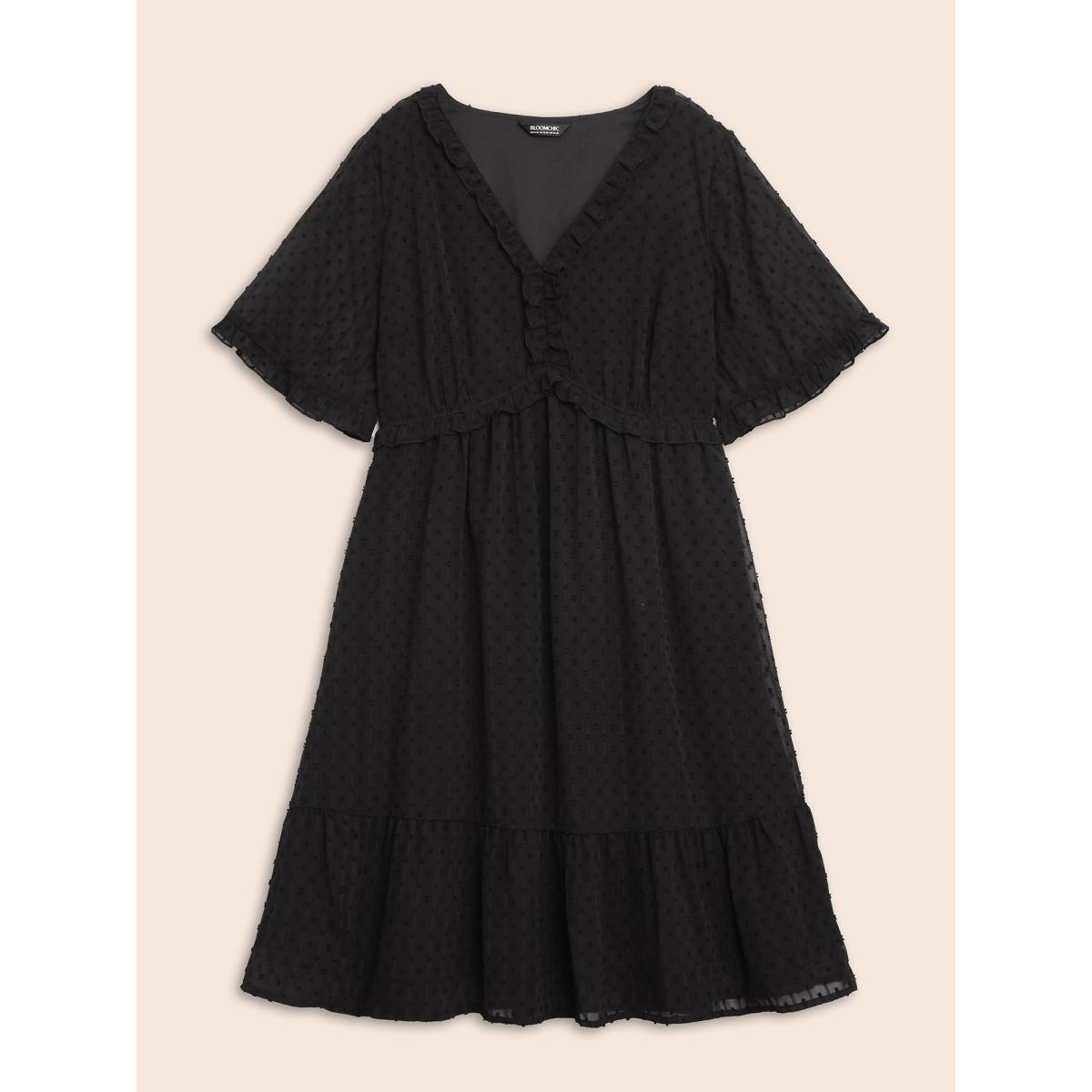Plus Size Jacquard V Neck Ruffle Sleeve Dress Black Women Elegant Texture V-neck Half Sleeve Curvy BloomChic 18-20/2X Product Image
