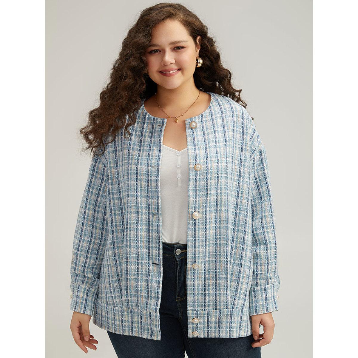 Plus Size Gingham Buckle Detail Button Through Jacket Women LightBlue Button Everyday Jackets BloomChic 26/4X Product Image