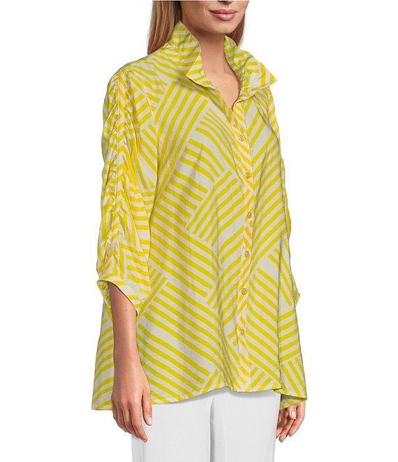 Multiples Crinkle Woven Wire Collar 3/4 Shirred Sleeve Hi-Low Hem Button-Front Shirt Product Image