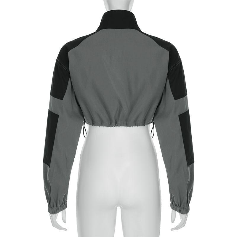 Stand Collar Two Tone Drawstring Hem Zip-Up Crop Jacket Product Image