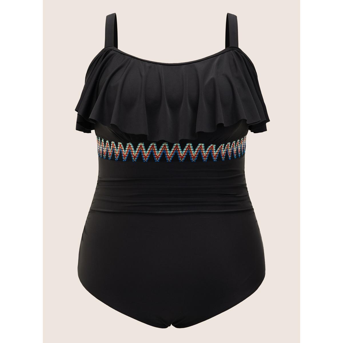Plus Size Woven Ribbon Gathered Ruffle Trim One Piece Swimsuit Women's Swimwear Black Beach Woven ribbon&lace trim Curve Bathing Suits High stretch One Pieces BloomChic 28/5X Product Image