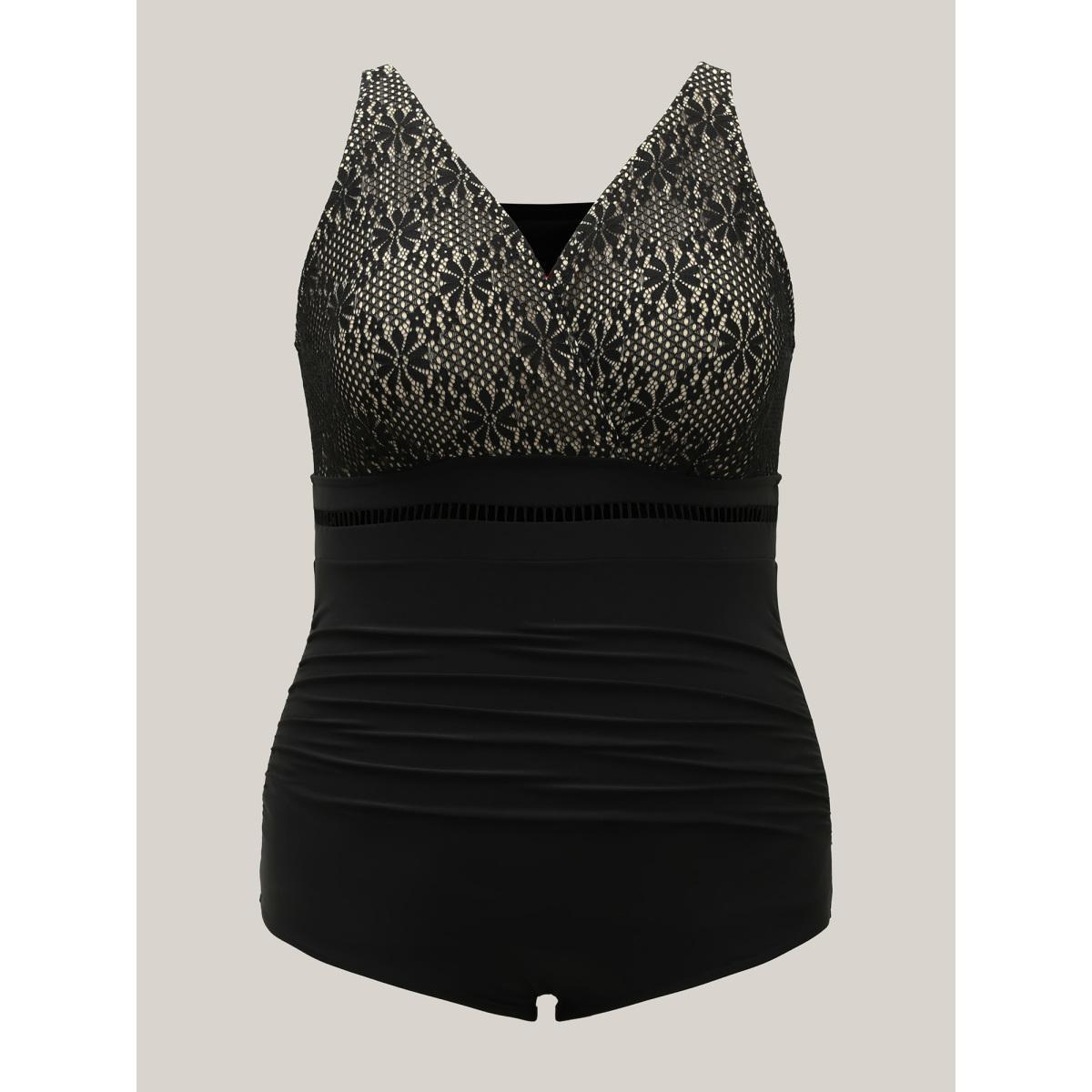 Plus Size Ribbon Lace Trim One-Piece Swimsuit Women's Swimwear Black Beach Gathered Curve Bathing Suits High stretch One Pieces BloomChic 18-20/2X Product Image