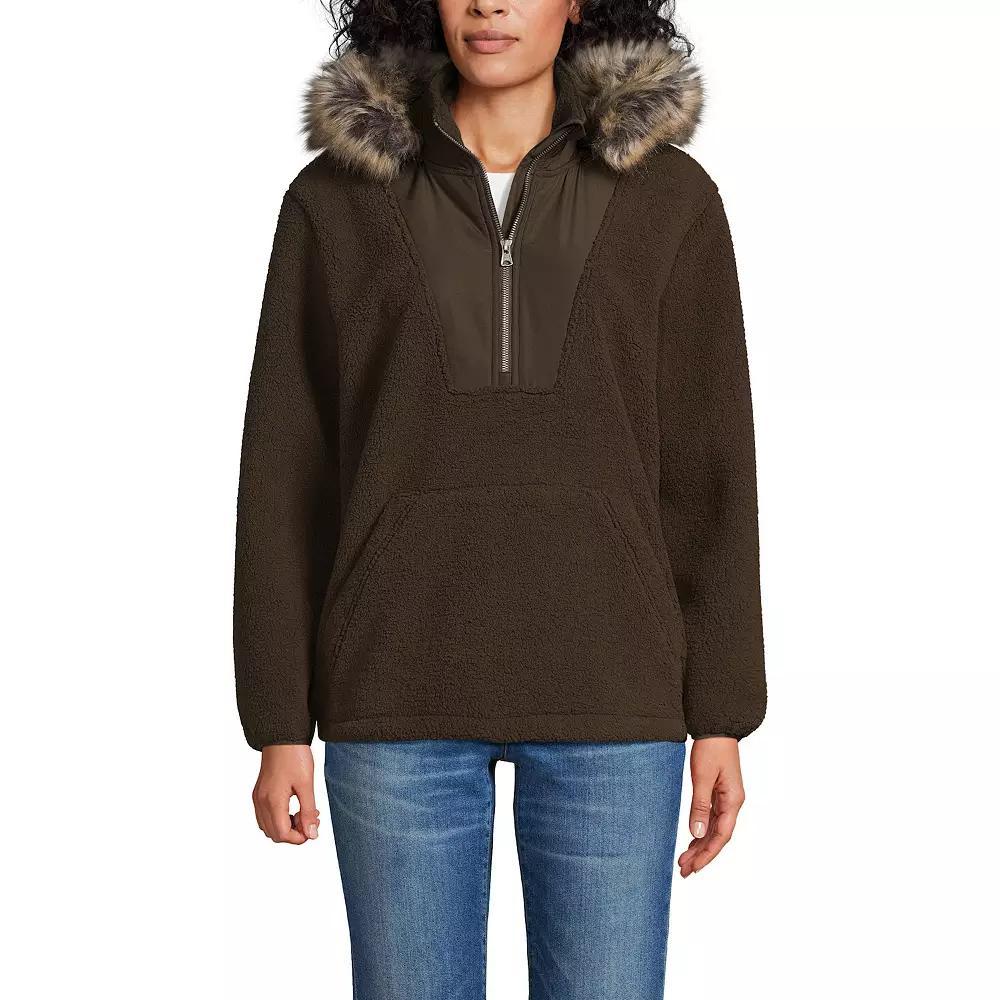 Women's Lands' End Faux Fur Hooded Half Zip Sherpa Fleece Pullover, Size: Small, Deep Brown Product Image