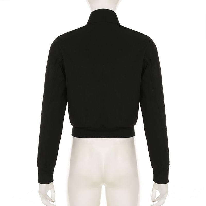 Stand Collar Plain Crop Zip Jacket Product Image