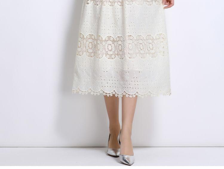 Set: Long Sleeve Stand Collar Plain Button Panel Lace Midi A-Line Dress + Belt Product Image