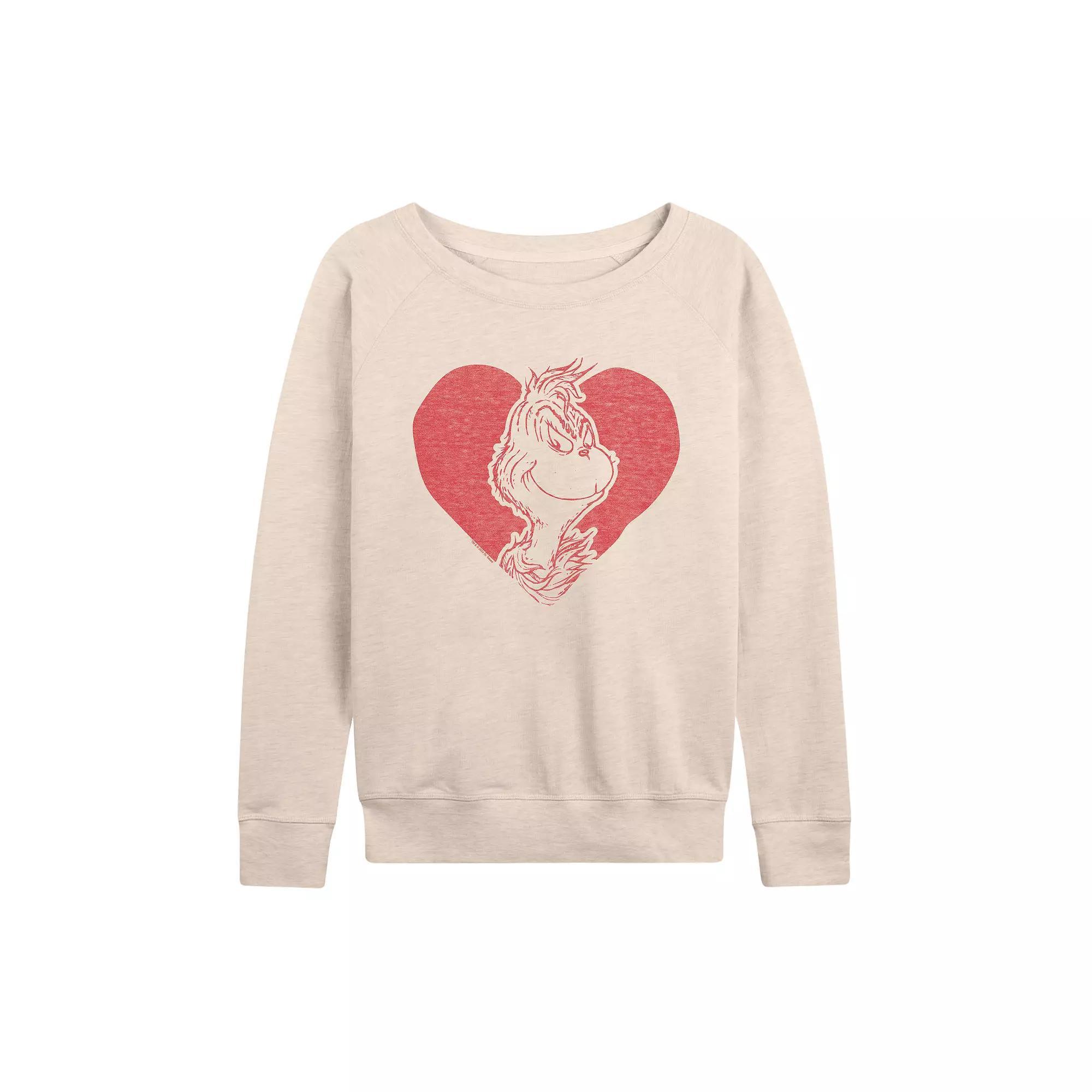 Women's Dr. Seuss Grinch Valentine's Heart French Terry Long Sleeve Tee, Size: Medium, Beige Product Image