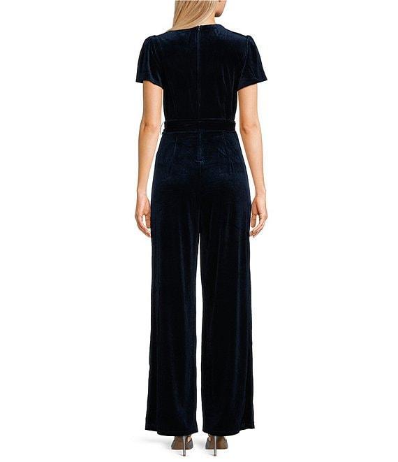 Honey and Rosie V-Neck Wrap Waist Tie Wide Leg Velvet Jumpsuit Product Image