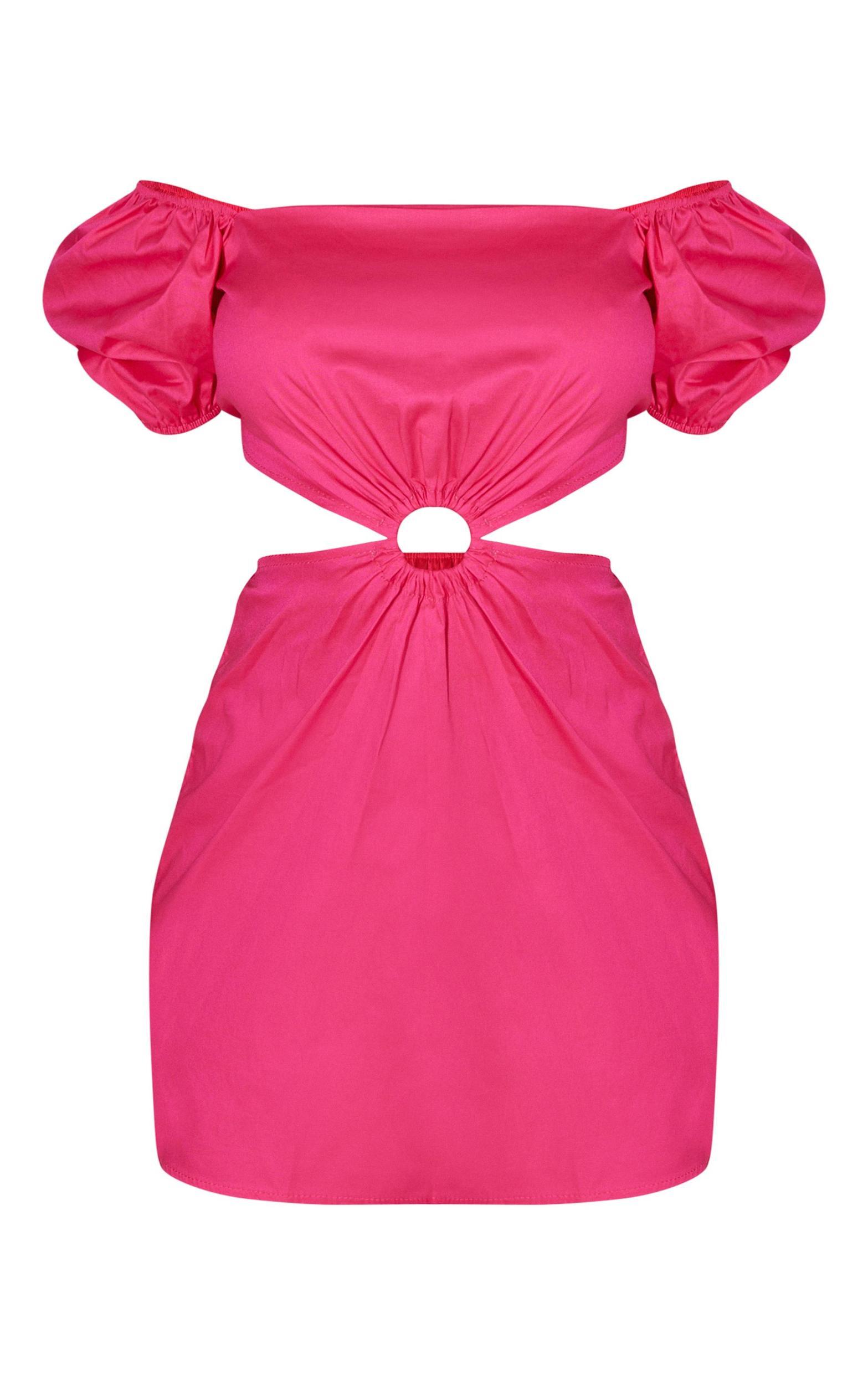 Hot Pink Satin Puff Sleeve Cut Out Shift Dress Product Image