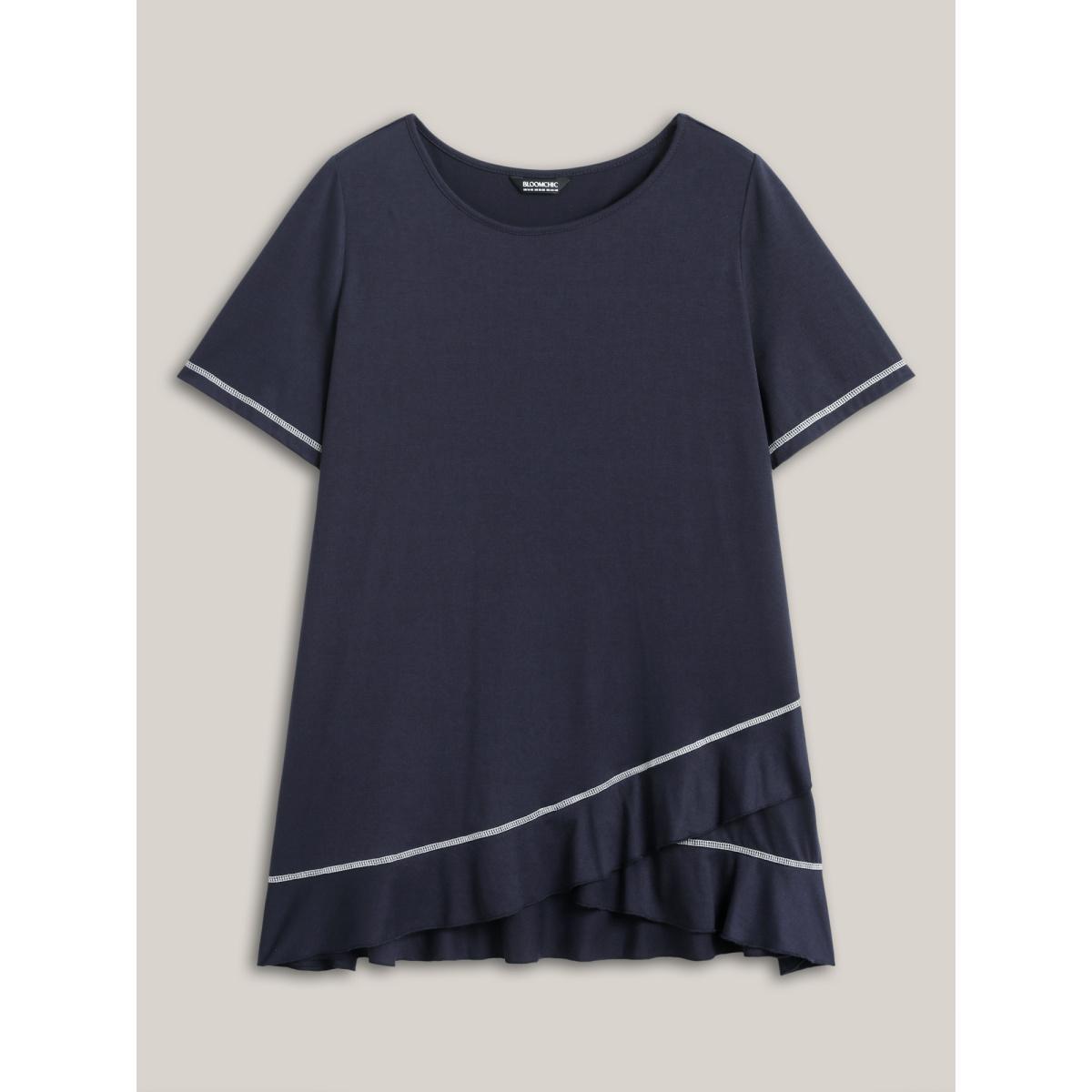 Plus Size Overlap Hem Round Neck T-Shirt Indigo Women Topstitching Round Neck Loose Everyday-Casual T-shirts BloomChic 30/6X Product Image