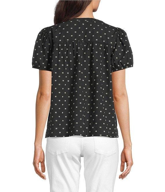 Lucky Brand Woven Polka Dot Split Notch V-Neck Short Puff Sleeve Blouse Product Image