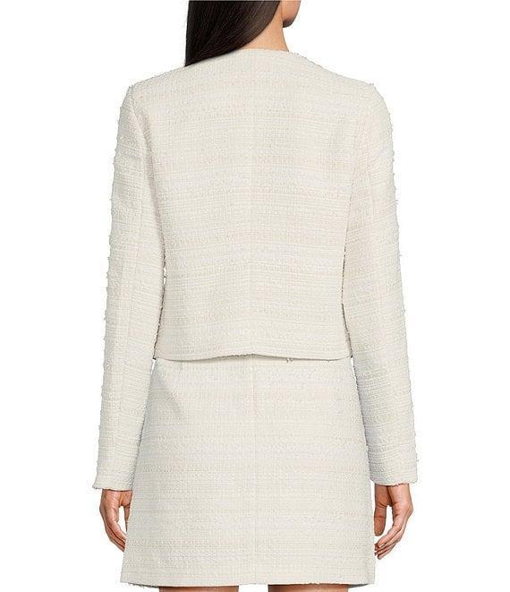 KARL LAGERFELD PARIS Coordinating Tweed Pearl Flower Round Neck Long Sleeve Button Front Jacket Product Image