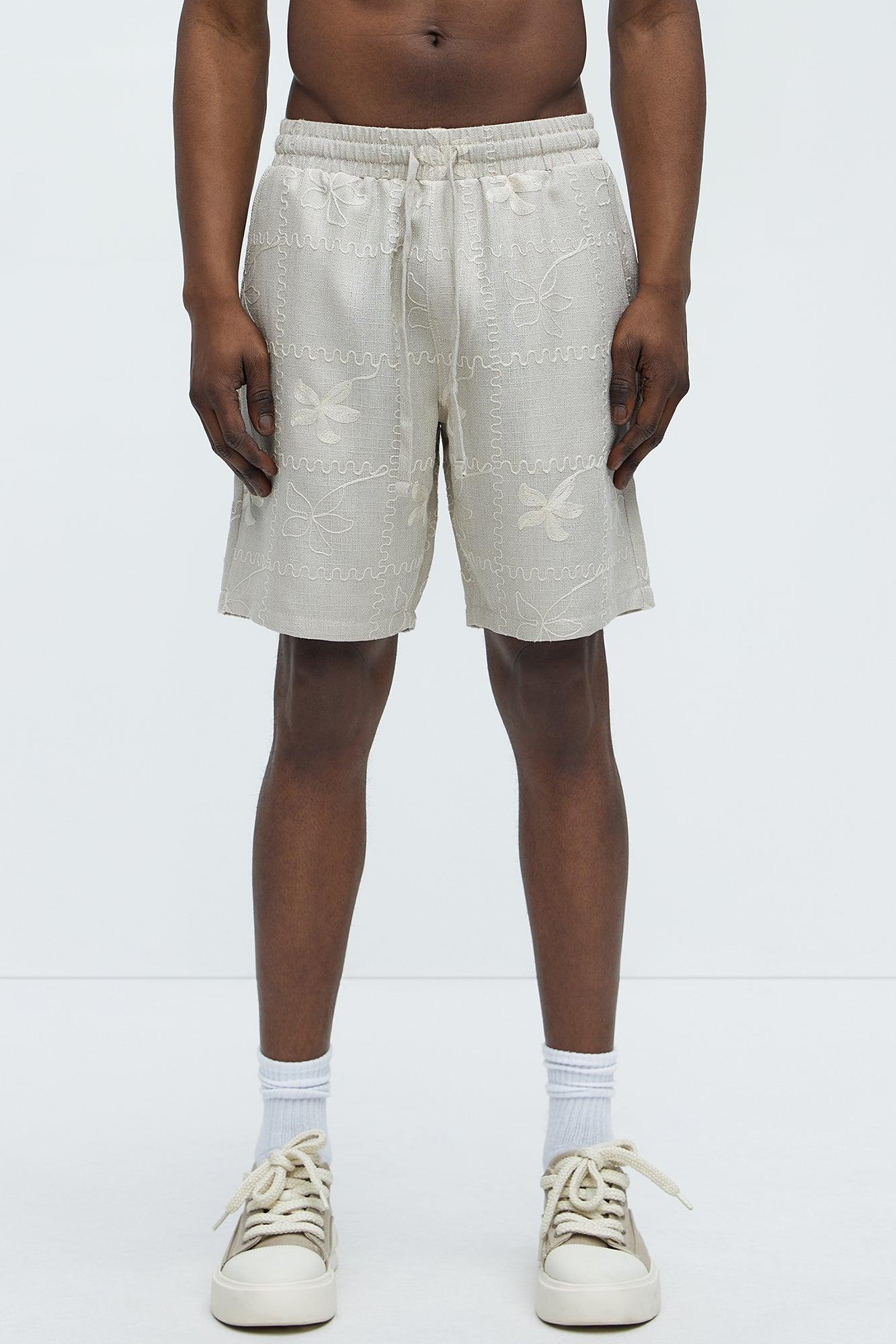 Embroidered Flowers Relaxed Shorts - Stone/Combo Product Image