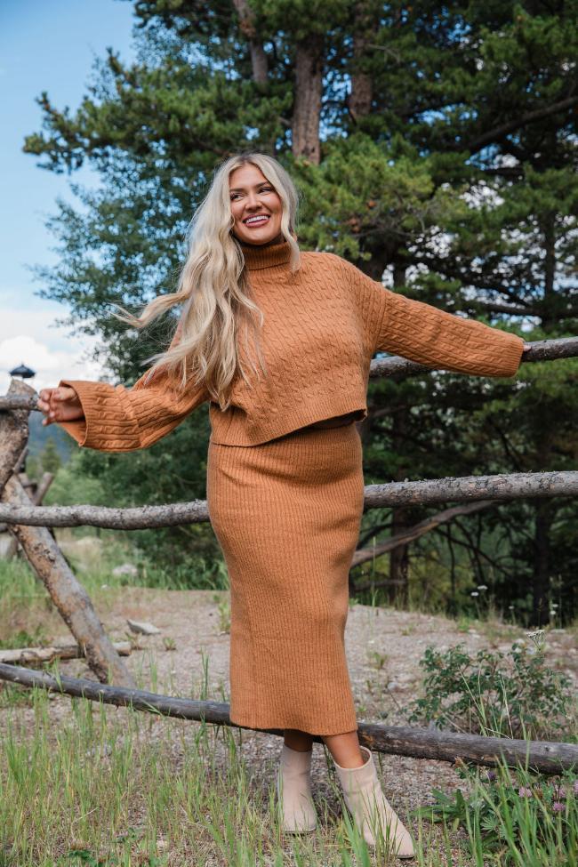 Know The Ropes Camel Cable Knit Sweater Skirt Set FINAL SALE Product Image