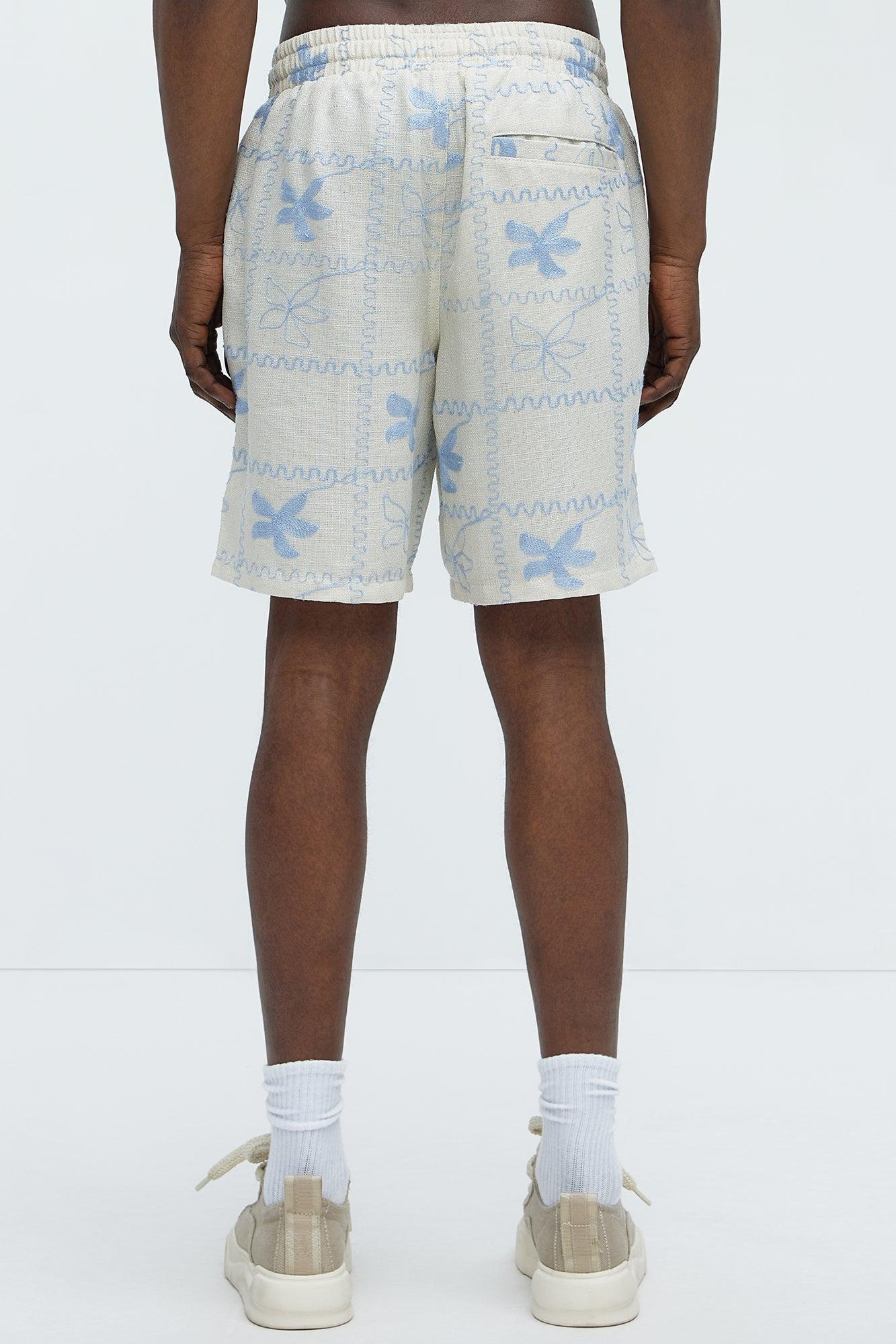 Embroidered Flowers Relaxed Shorts - Off White/combo Product Image