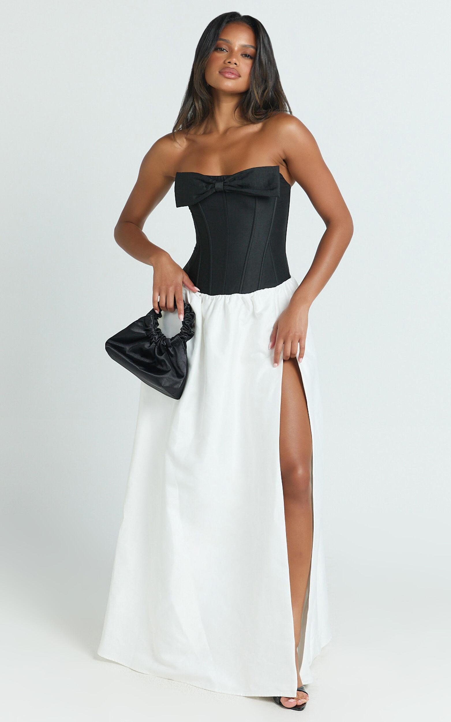 Santana Maxi Dress - Contrast Strapless Fit And Flare Dress in Black/White Product Image