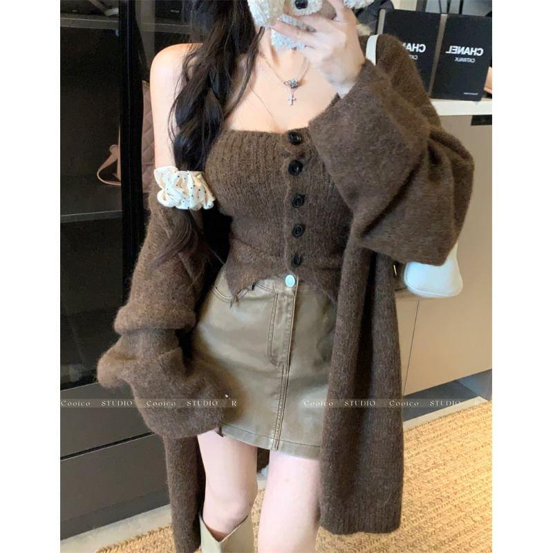 Set: Plain Button Knit Tube Top + Long Cardigan Product Image